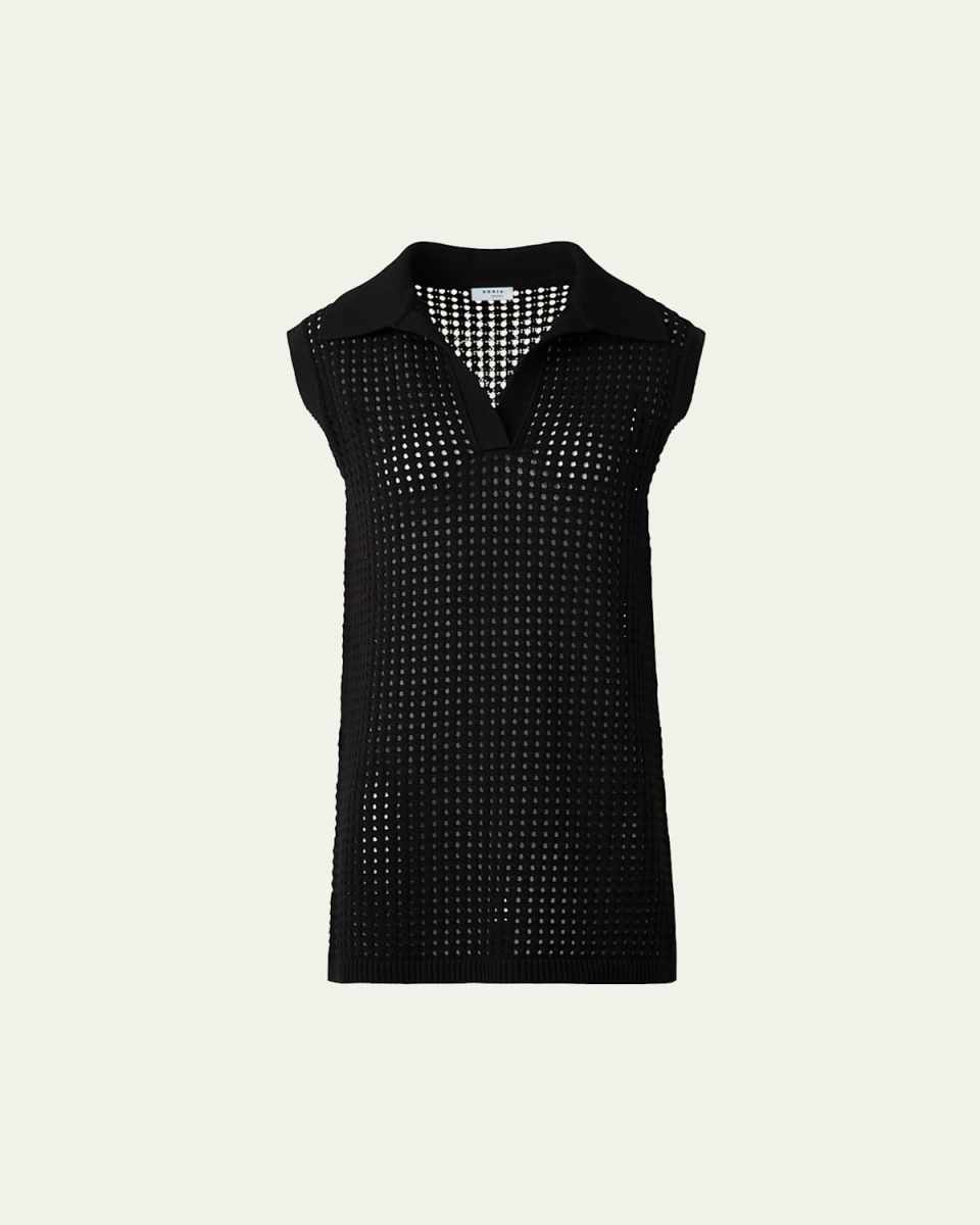 Long Chunky Mesh Knit Polo Top